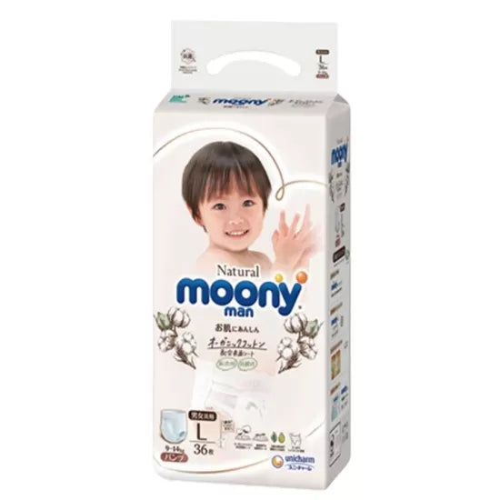 MOONY NATURAL japoniškos sauskelnės-kelnaitės, L, 9-14 kg, 36 vnt.